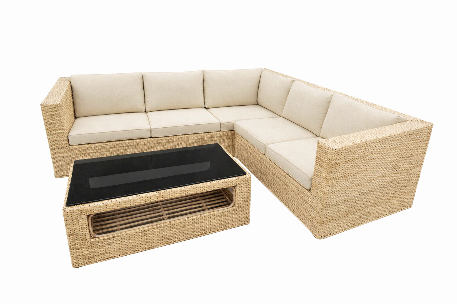 Cane L-Shape Sofa With Table