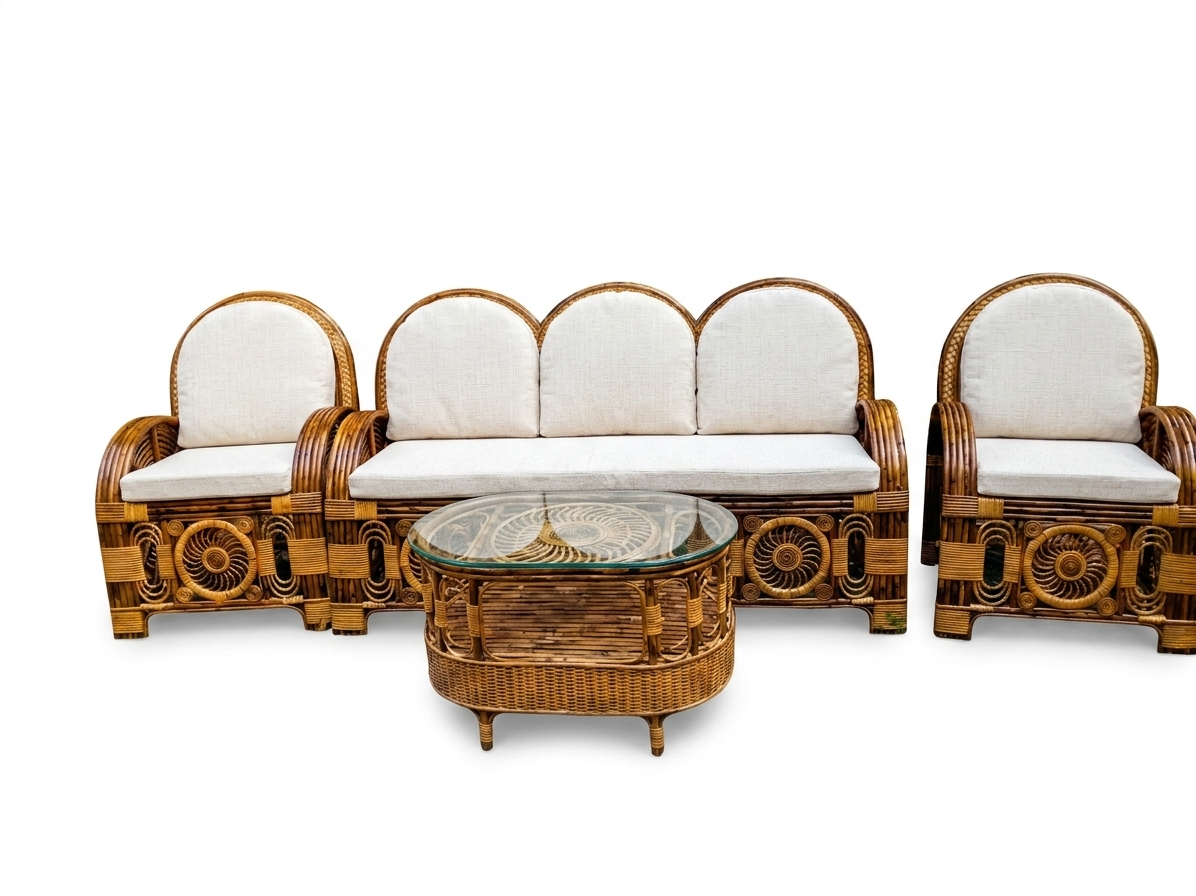 Exquisite Handcrafted Cane Sofa Set with Cushions & Glass-Top Table-003