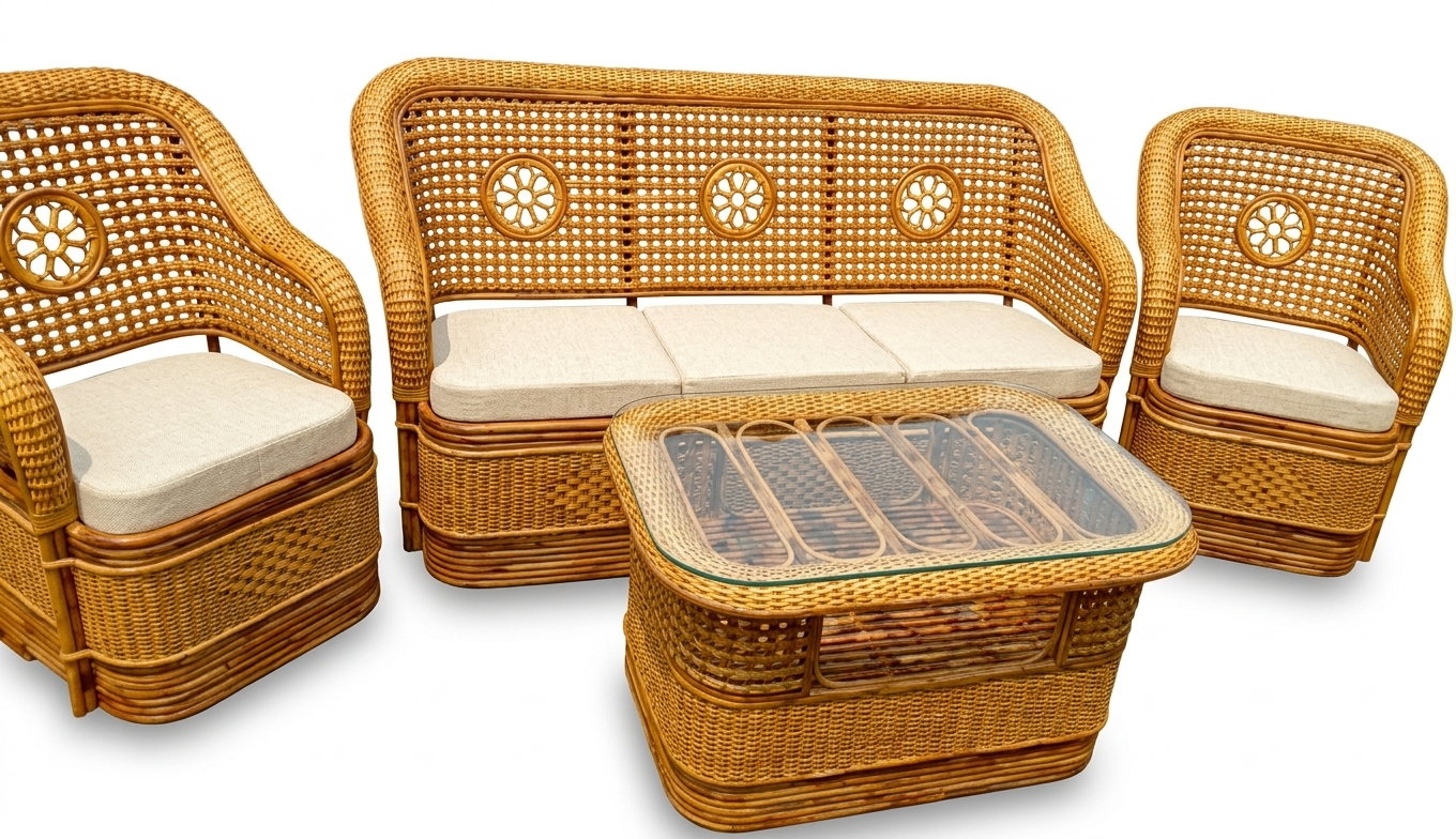 Exquisite Handcrafted Cane Sofa Set with Cushions & Glass-Top Table-005