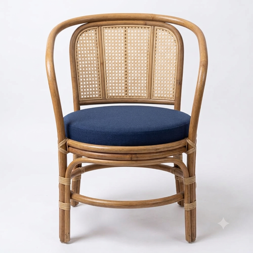 Cane Artisan Accent Chair With Navy-Cushioned 002