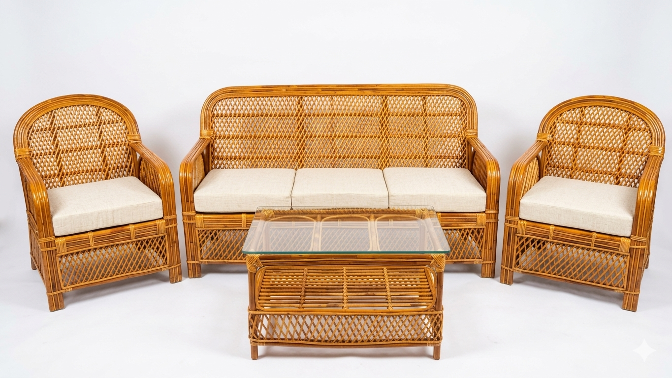 Exquisite Handcrafted Cane Sofa Set with Cushions & Glass-Top Table-004
